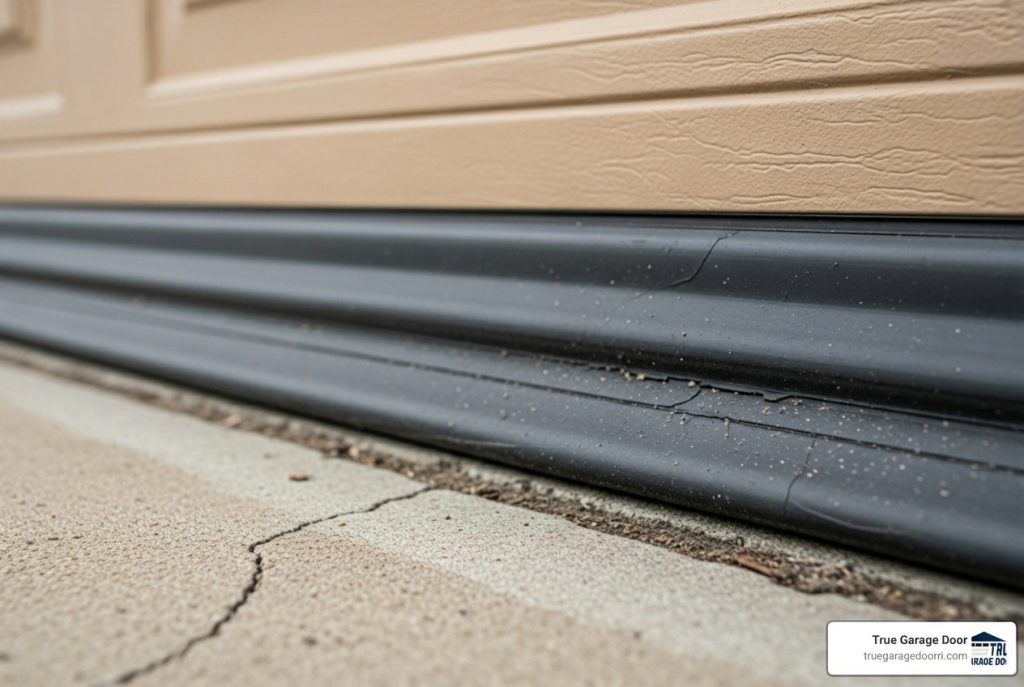 Close up photo of black garage door bottom weather stripping sealing the gap between the garage door and concrete floor to prevent drafts, water intrusion, and debris.
